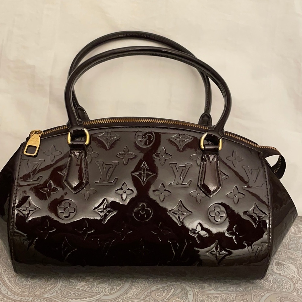 Authentic Louis Vuitton burgundy patent leather top handle satchel.
